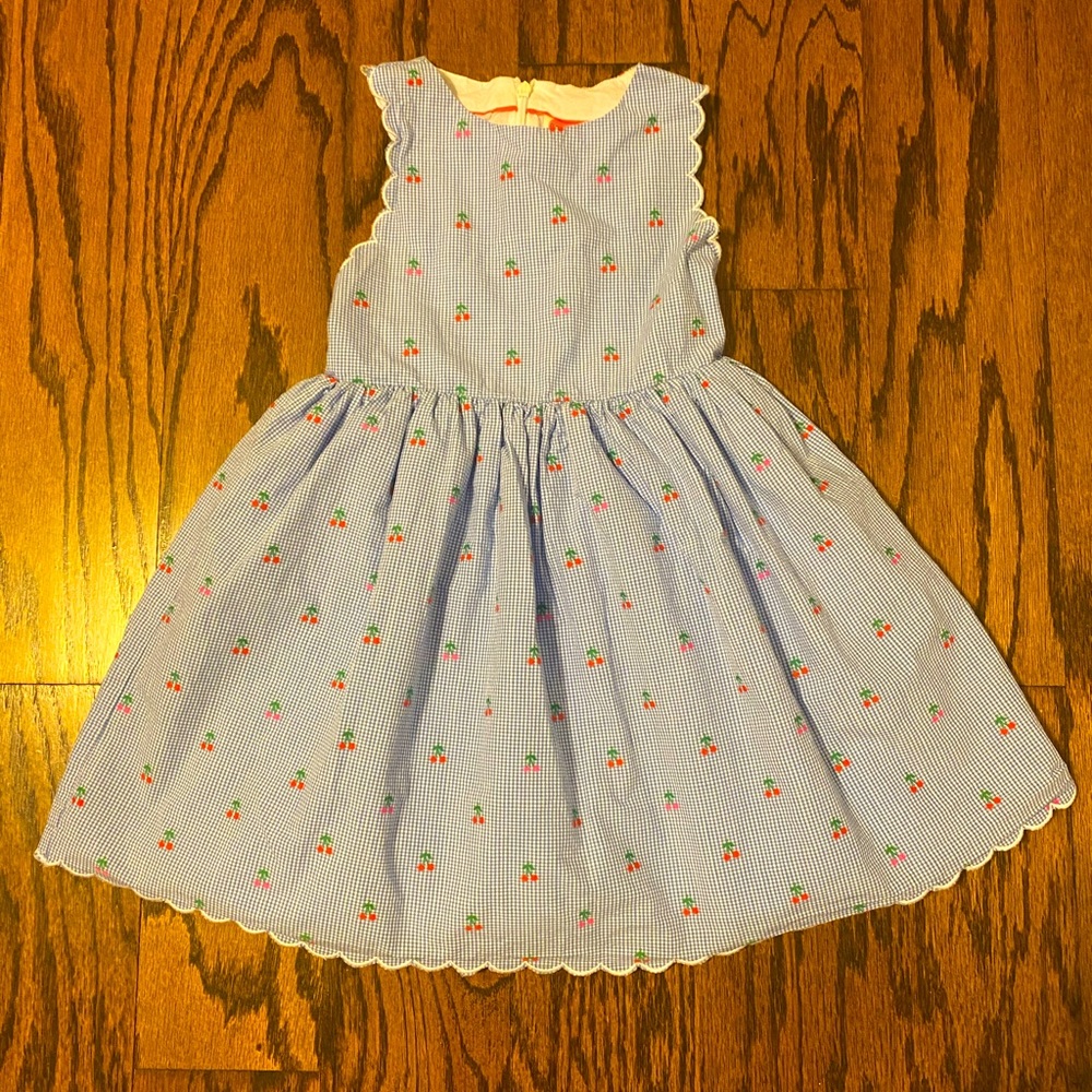 Mini Boden Scallop Edge Dress in Cherry Gingham Clip Dot